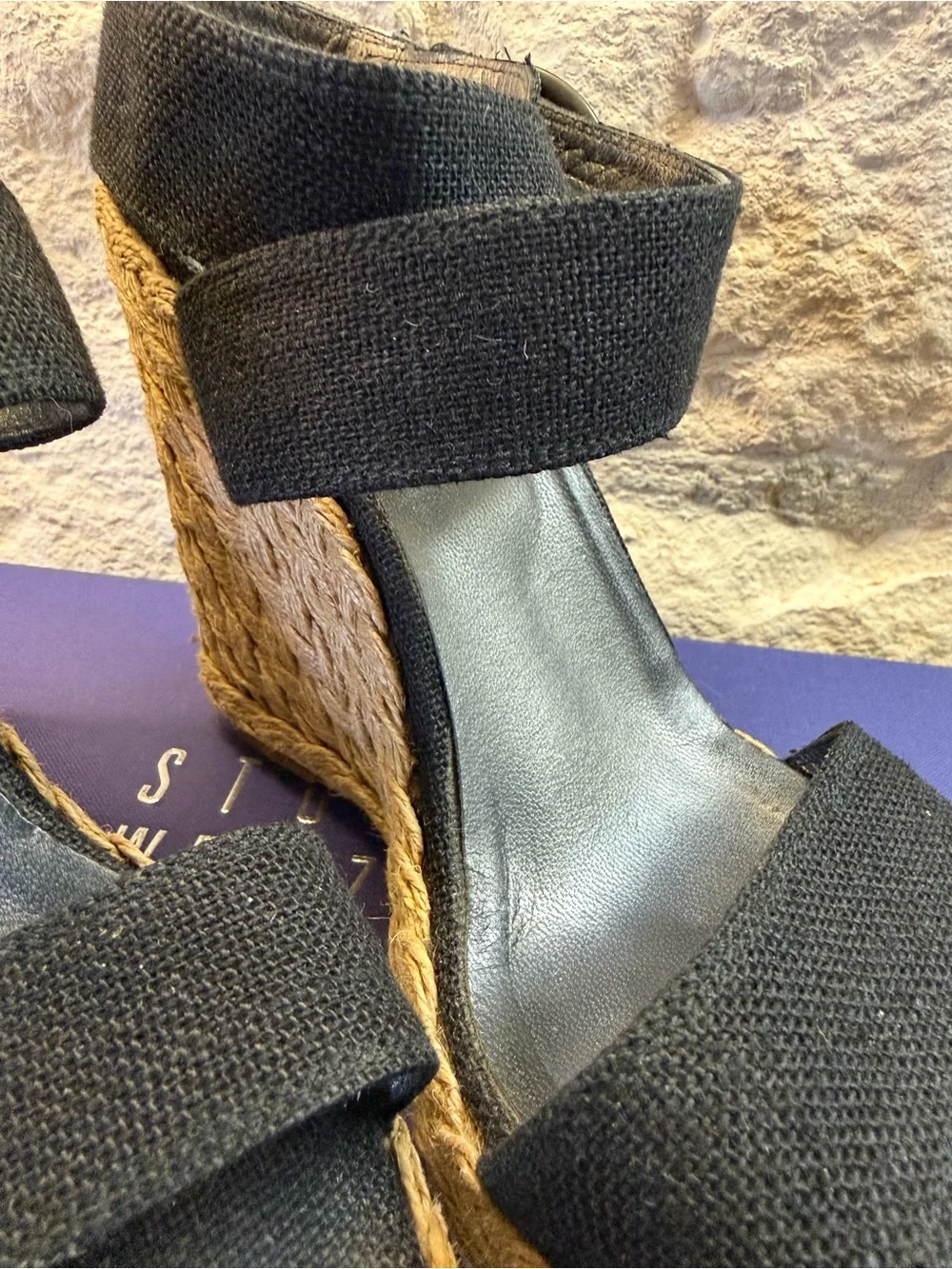 Stuart Weitzman Black Linen Espadrille X Ray Wedges